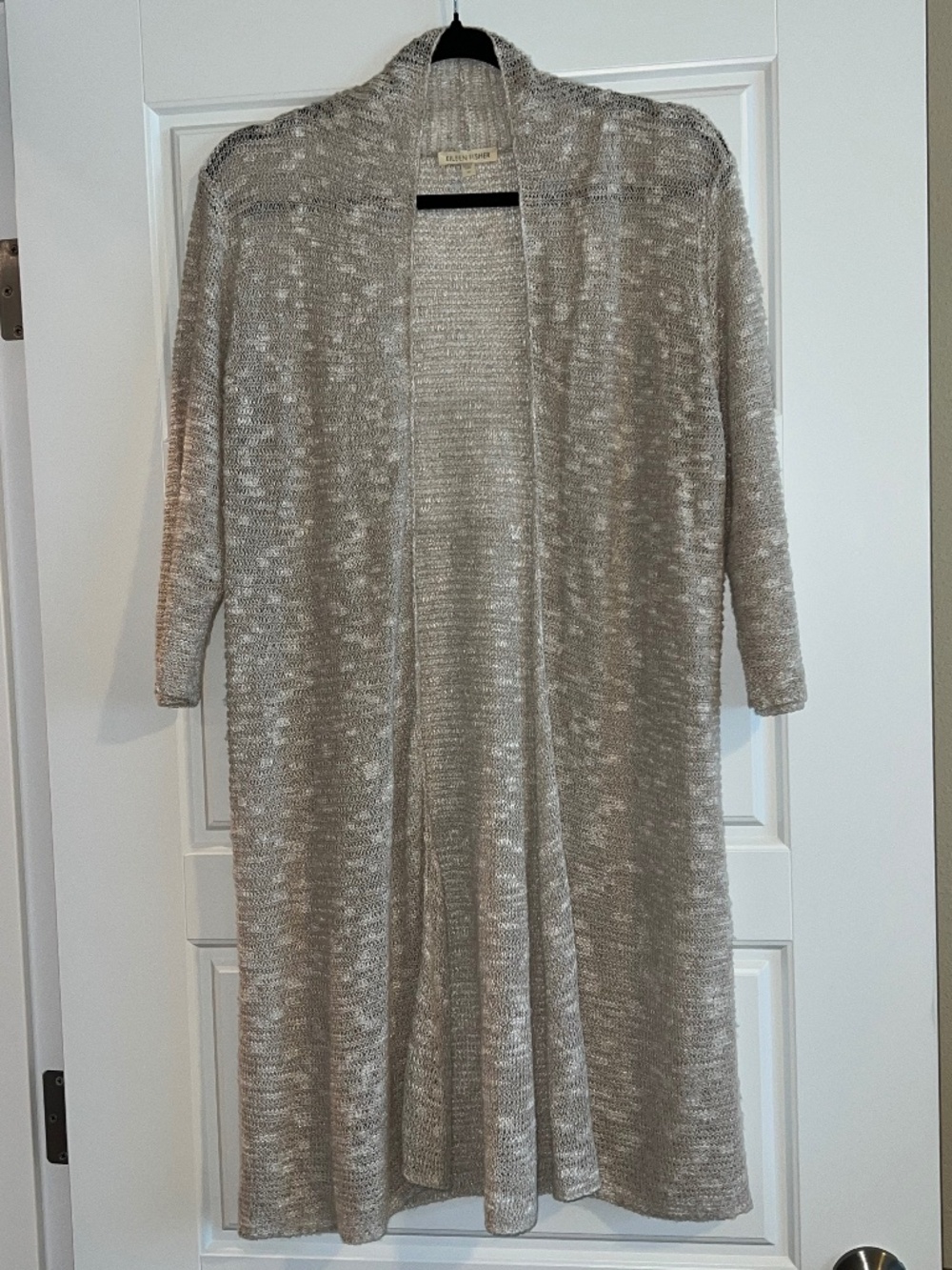 Eileen Fisher Oatmeal Beige Linen Blend Long Open Front Cardigan Duster Size M